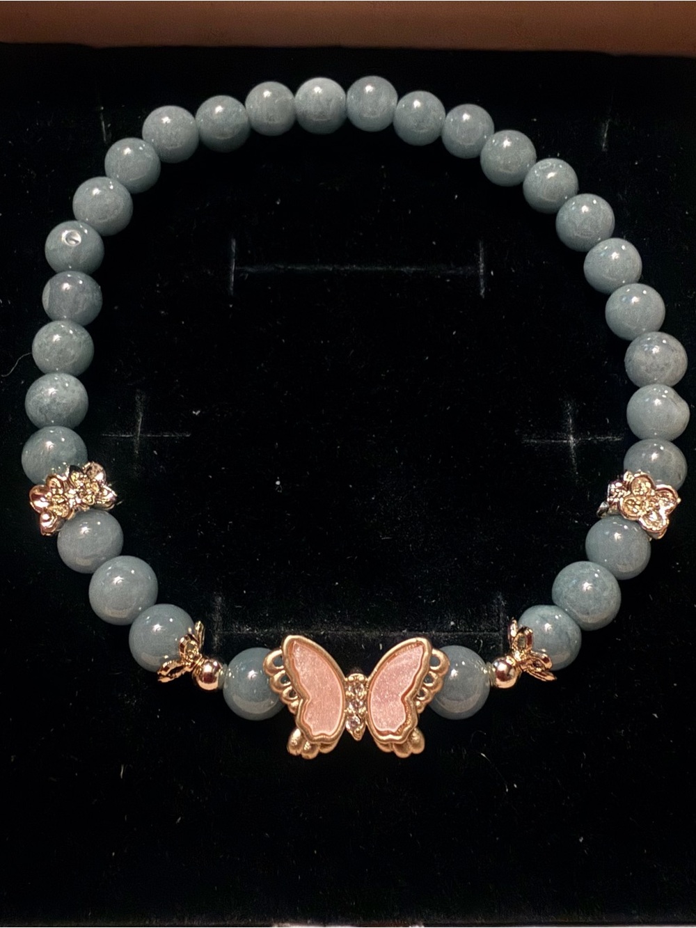 Butterfly Pink & Green Beaded Jadeite Stretch Bracelet - Women's Jewelry